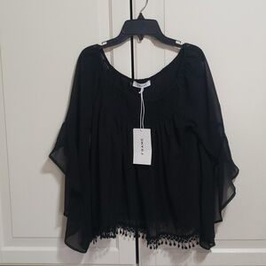 NWT Frame Chiffon Smocked Neck  Bell Sleeve Blouse Top Black L Large